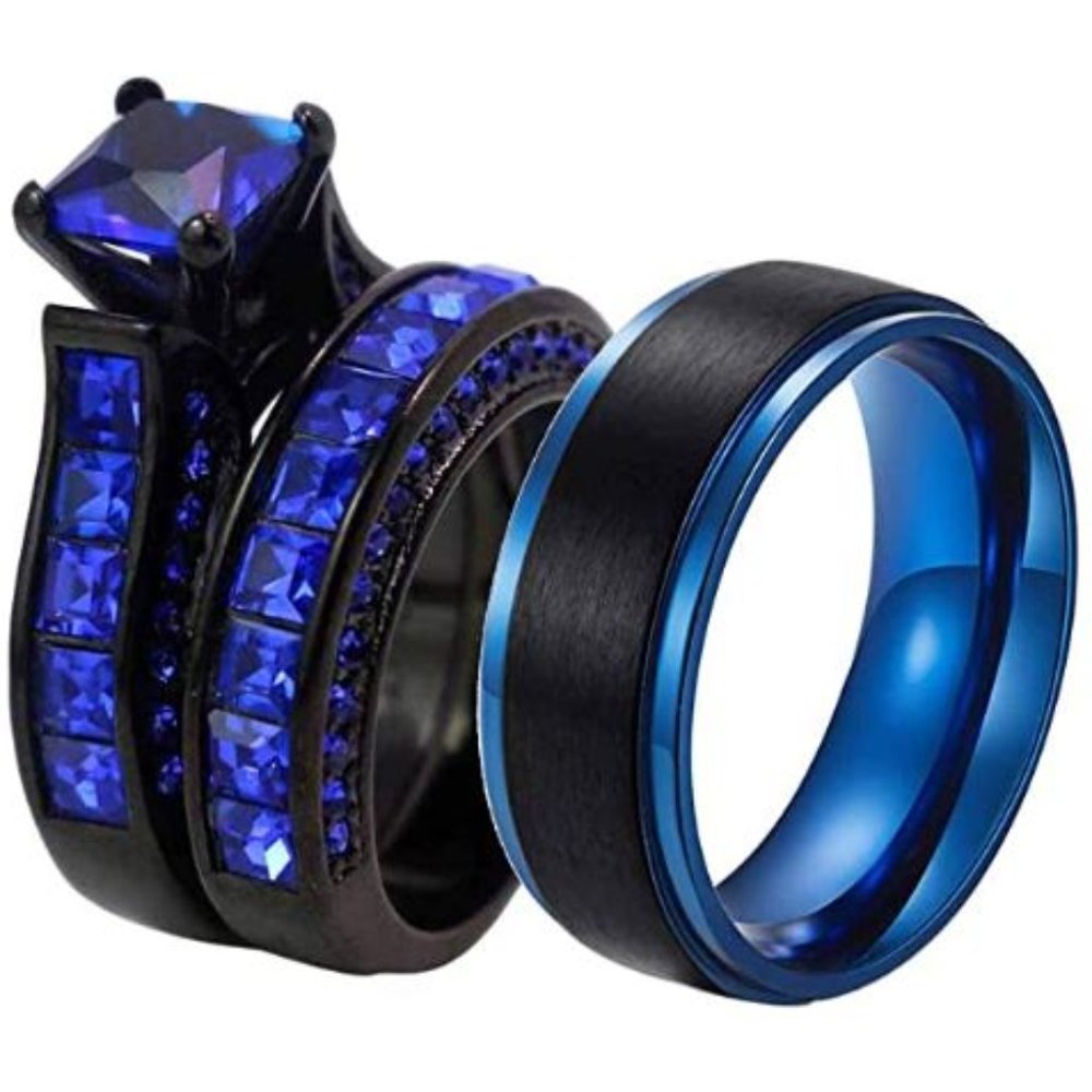 NWT Couples Wedding Rings Black & Blue Sapphire